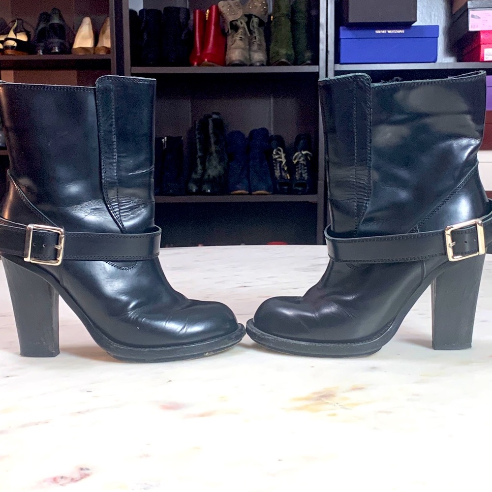 Chloe Black Leather Heeled Ankle Boots with Buckle Strap - Picture 7 of 9